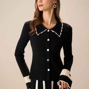Women's Black Splicing Button Ribbed Cardigan