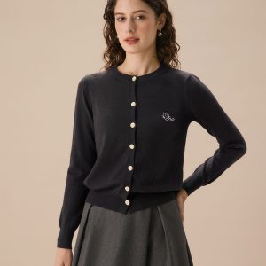 Women's Grey Single-Breasted Ribbed Knit Cardigan